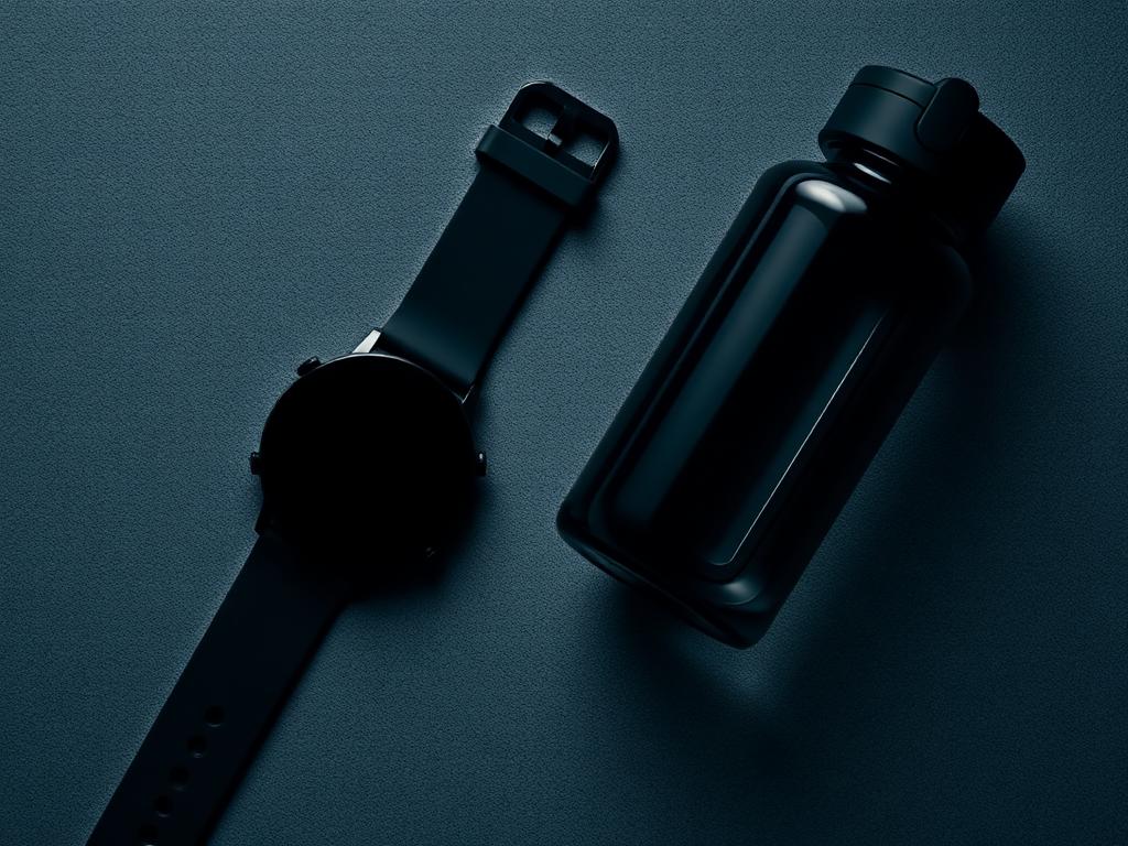 Smartwatch and water bottle on a dark concrete surface
