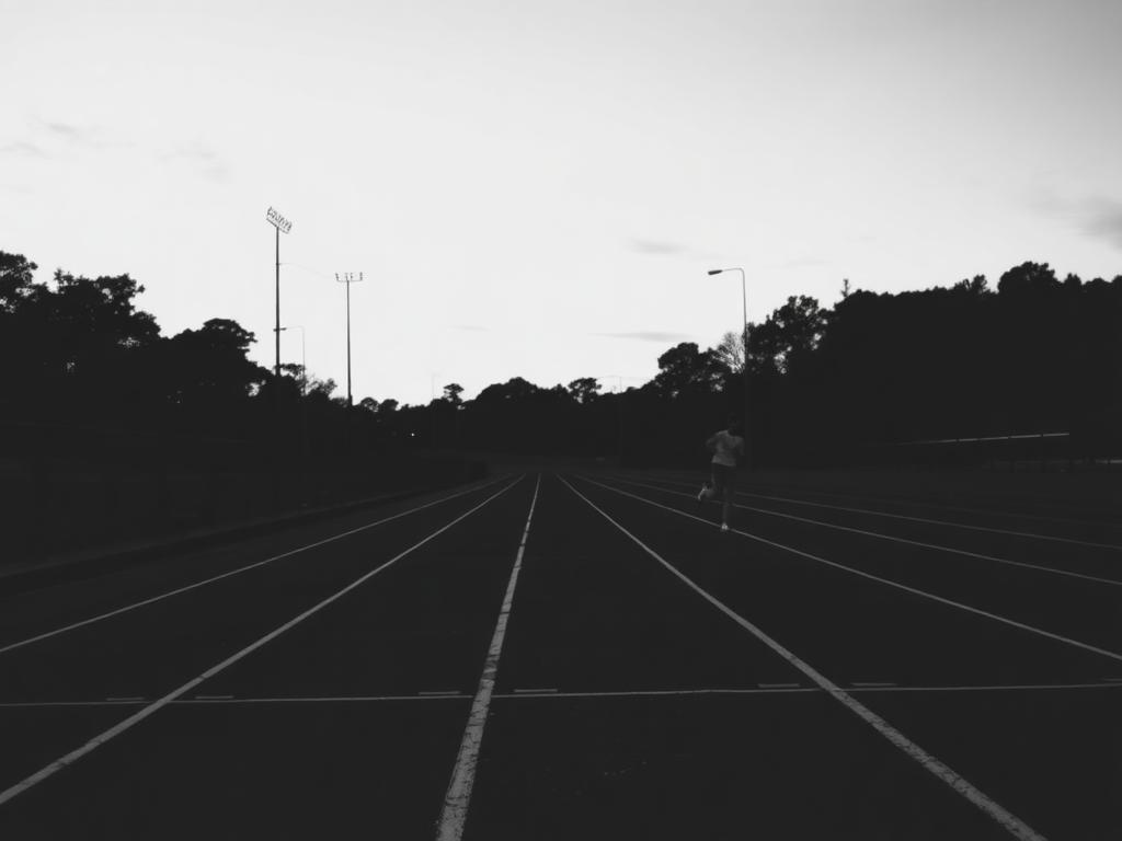 Lone athlete running on a track at dusk